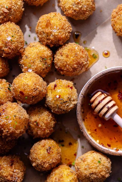 Fried Goat Cheese Balls | Short Stack Kitchen Fried Goat Cheese Balls, Goat Cheese Balls, Crazy Bread, Fried Goat Cheese, Light Sauce, Short Stack, Honey Sauce, Cooking Thermometer, Spicy Honey