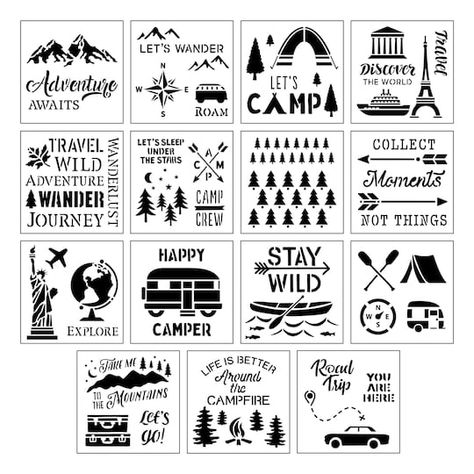 "Find the Camping & Travel Stencils by Craft Smart®, 12\" x 12\" at Michaels. Stencils are great for expressing yourself! Use these camping and travel themed stencils for a variety of fun DIY crafting projects. Stencils are great for expressing yourself! Use these camping and travel themed stencils for a variety of fun DIY crafting projects. They're perfect for transforming gifts, accessories, décor, and furniture! Details: Camping and travel themed 12\" x 12\" (30.4cm x 30.4cm) stencil sheet si Paper Palm Tree, Expressing Yourself, Vinyl Quotes, Painting Templates, Camper Life, Themed Crafts, Furniture Details, Nature Journal, Travel Themes