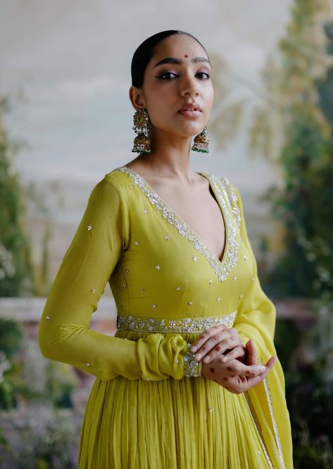 Lime yellow anarkali set - CUSTOM V Neck Churidar, V Neck Anarkali, Churidar Sleeves, Yellow Anarkali, Anarkali Designs, Chiffon Embroidery, Anarkali Dress Pattern, Lime Yellow, Indian Dresses Traditional