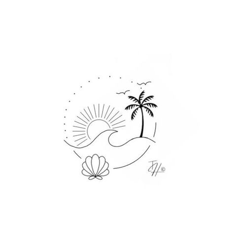 Tattoos For The Beach, Beach Tattoo Drawing, Beach Love Tattoo, Beach Tattoos For Women Small, Tiny Beach Tattoos For Women, Fineline Beach Tattoo, Minimalistic Beach Tattoo, Beach Flash Tattoo, Small Beachy Tattoos For Women