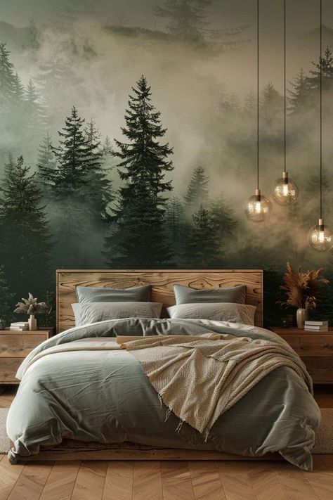 Forest-Themed Bedroom Decor Tips | Green Snooze Forest Themed Bedroom, Misty Landscape, Forest Bedroom, Forest Room, Forest Mural, Scandinavian Wallpaper, Rustic Bedroom Decor, Forest Wall Mural, Forest Wallpaper