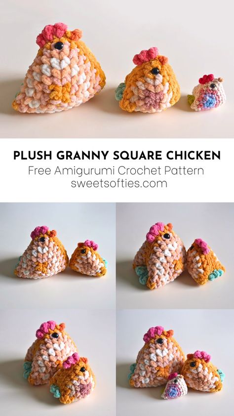 Chubby Chickies Crochet Pattern, Crochet Granny Square Chickens, Mini Chicken Crochet Pattern Free, Crochet Granny Square Chicken, Granny Square Chicken Free Pattern, Chicken Granny Square Crochet Pattern, Granny Square Chicken Pattern, Things To Crochet For Friends, Granny Square Chicken