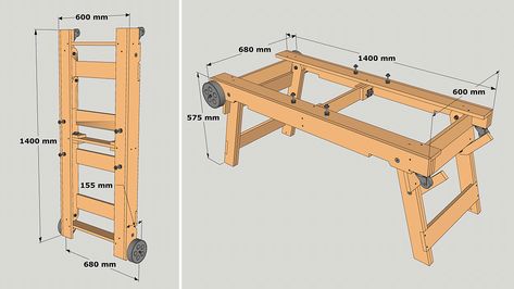 DIY Rolling Foldable Table Saw Stand - Paoson Blog Foldable Table Saw Stand, Diy Foldable Workbench, Free Diy Plans, Portable Table Saw Stand, Foldable Workbench, Miter Saw Stand Plans, Folding Table Diy, Diy Miter Saw Stand, Jobsite Table Saw