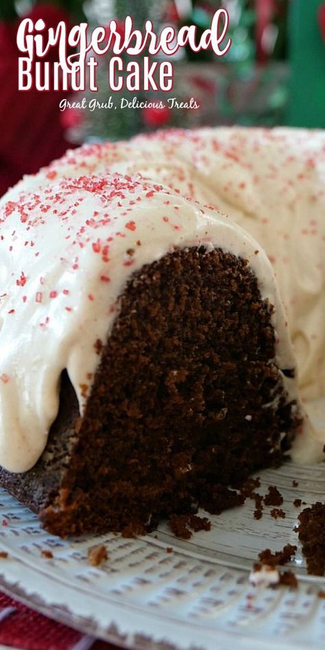 Gingerbread Bundt Cake is a deliciously moist bundt cake with cream cheese frosting. #holidaycake #cake #deliciouscakes #homemadedesserts #greatgrubdelicioustreats Easy Holiday Cakes, Gingerbread Bundt Cake, Holiday Cake Recipes, Christmas Bundt Cake, Gingerbread Cake Recipe, Mini Bundt Cakes, Gingerbread Recipe, Pound Cakes, Gingerbread Cake