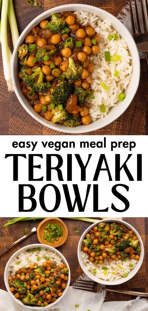 These Vegan Teriyaki Meal Prep Bowls are not only delicious, but also incredibly practical to make and to eat. Ready in just 25 minutes, they make for a flavorful healthy vegan dinner you can turn into vegan lunch. You can easily adapt the recipe to make it gluten-free, or swap the chickpea and the rice for more variation. Chickpea With Rice Recipes, Easy Vegetarian Rice Bowls, Vegan Meals With Rice, Meal Prep Chickpeas, Quick Vegan Meal Prep, Gluten Free Vegan Meal Prep, Plant Based Lunch Meal Prep, Rice And Chickpea Recipes, Easy Gluten Free Dairy Free Recipes