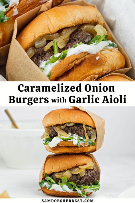 Dinner Date Recipes, Gourmet Burgers Recipes, Onion Burgers, Garlic Aioli Recipe, Fig Preserves, Gourmet Burger, Onion Burger, Delicious Paleo Recipes, Aioli Recipe