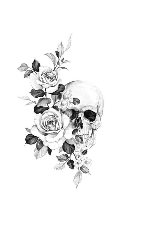 Skull Flower Tattoo Women, Skull Female Tattoo, Female Skull Drawing, Skull Tattoo Design Women, Skull And Floral Tattoo, Feminine Skull Tattoo Sleeve, Skull Hip Tattoo, Floral Skull Tattoos For Women, Skull Chest Tattoo Female