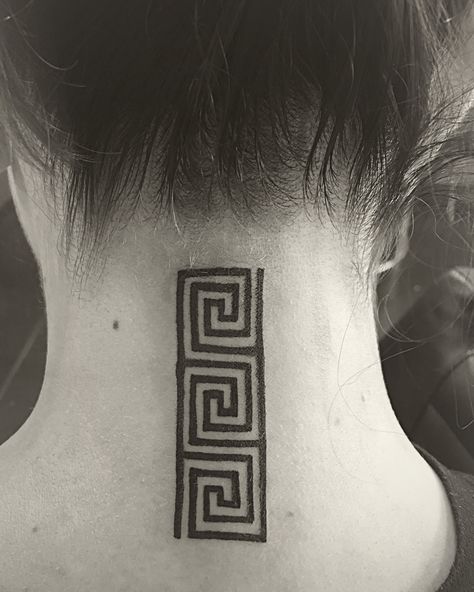 My Greek meander tattoo in memory of my grandparents #greektattoo #meandertattoo #necktattoo #tattoo #greeketernity #eternitytattoo #greakmeandertattoo #linetattoo Greek Meander Tattoo, Meander Tattoo, Eternity Tattoo, Tattoo In Memory, Greek Meander, Greek Tattoos, Line Tattoos, Neck Tattoo, Labyrinth