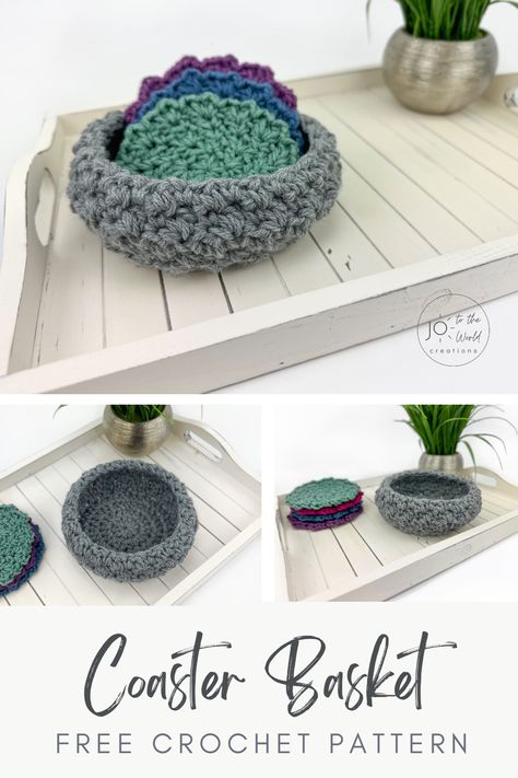 Upgrade your home decor and keep your coasters organized with this Free Crochet Pattern for Coaster Holder Basket. This simple and speedy crochet pattern creates a functional and stylish solution for displaying your coasters in a charming way. Crochet Coasters With Basket Free Pattern, Coaster Holder Crochet, Crochet Coaster And Holder, Crochet Coasters And Holder Free Pattern, Crochet Coaster Basket Free Pattern, Crochet Coaster Holder Free Pattern, Crochet Coasters With Holder, Free Coaster Crochet Patterns, Crochet Coaster Holder