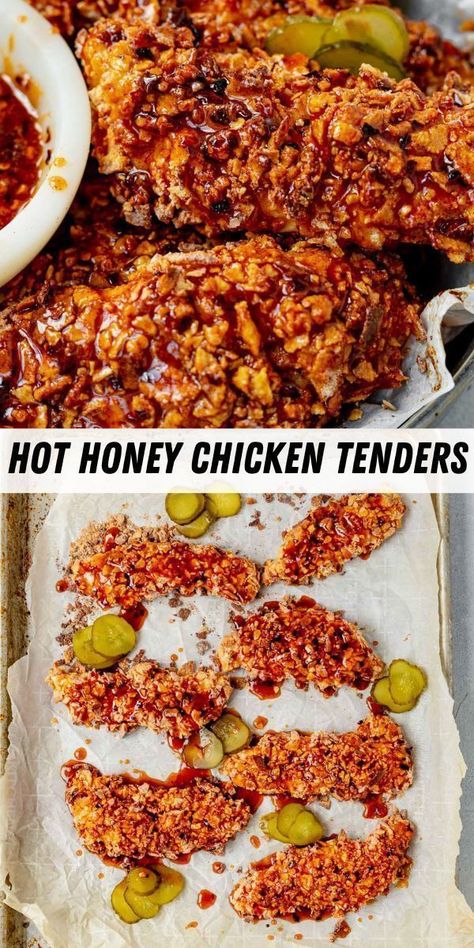 These hot honey chicken tenders are baked to crispy, juicy perfection and covered in a delicious hot honey sauce. These perfect for tailgating chicken fingers pack a powerful (and a little bit spicy) punch of flavor in a short amount of time. These delicious and flavorful chicken fingers are THE finger food you need for Game Day! Hot Honey Chicken Tenders, Honey Chicken Tenders, Hot Honey Sauce, Spicy Chicken Tenders, Spicy Honey Chicken, Crispy Honey Chicken, Honey Baked Chicken, Hot Honey Chicken, Honey Chicken Recipe