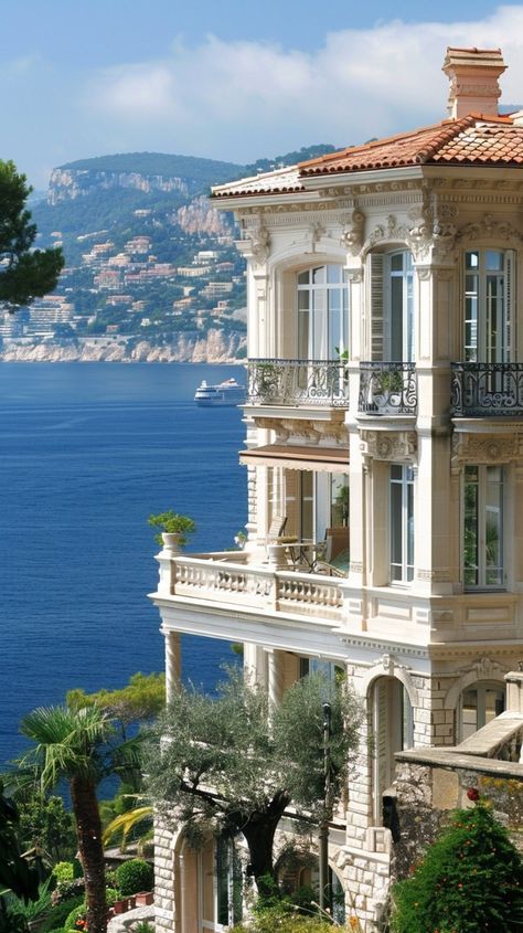 French Riviera Architecture, French Riviera Villa, French Riviera House, French Riviera Style Home, Ocean Mansion, Cozy Bedroom Blue, Cozy Blue Bedroom, Blue Bedroom Inspirations, Seaside Mansion