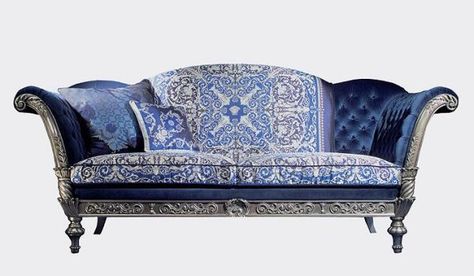 Blue china couch. Statement Couch, Versace Furniture, Navy Velvet Sofa, Black Velvet Sofa, Bohemian Sofa, Boho Sofa, Bohemian Furniture, Chair Designs, Velvet Couch