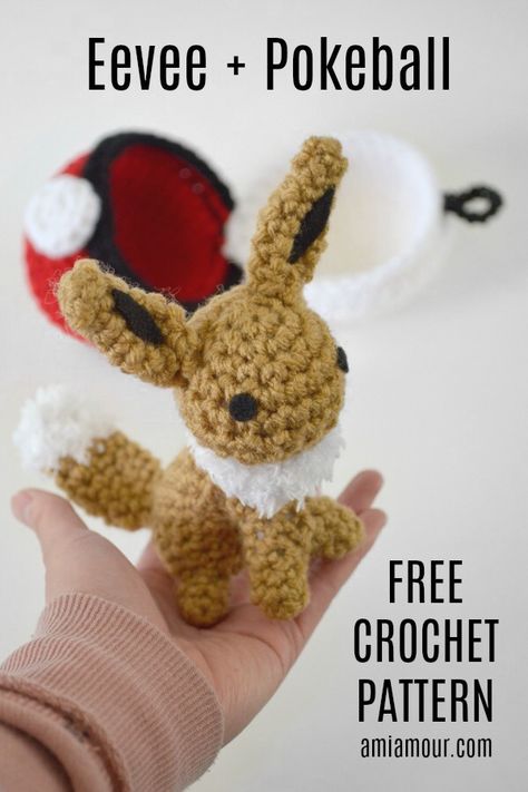 Free Eevee Amigurumi Crochet Pattern with Pokeball! Gotta Crochet Em All! #amigurumipattern#freecrochetpattern #crochetpattern #crochetlove Evee Pokemon Crochet Pattern, Crochet Pokemon Eevee, Eevee Amigurumi Pattern Free, Cute Crochet Pokemon, Lapras Crochet Pattern Free, Jigglypuff Crochet Pattern Free, Umbreon Crochet Pattern, Emotional Support Crochet Pattern Free, Free Crochet Pokemon Patterns