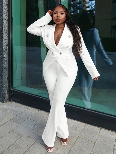 Elegant White Metal Buttoned Blazer & Trouser 2pcs Suit Set ,All White Outfit Curve White Elegant    Plain  Slight Stretch  Women Clothing, size features are:Bust: ,Length: ,Sleeve Length: