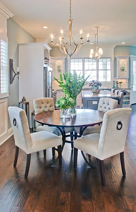 Kitchen dining setting with upholstered chairs and Chadwick Dining Table. Round Table With Upholstered Chairs, Custom Dining Room, Round Dining Room Table, Kitchen Banquette, Round Kitchen Table, Dining Setting, Heaven Art, Luxury Dining Room, Kitchen Dining Sets