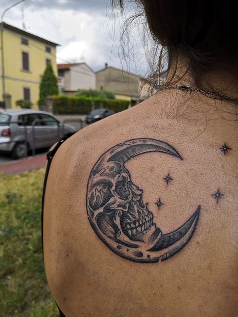 Evil Moon Tattoo, Skeleton Moon Tattoo, Gothic Sun And Moon Tattoo, Spooky Moon Tattoo, Skull Moon Tattoo, Moon Skull, Skull Moon, Underboob Tattoo, Moon Fairy