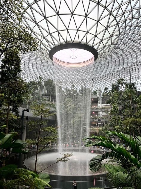 The Most Beautiful Places in Singapore | nature | #viral #explore #trending #travel #shorts Singapore Plant Building, Water Feature Design Architecture, Singapore Airport Waterfall, Architecture Greenhouse, Waterfall Architecture, Jewel Singapore, Singapore Nature, Greenhouse Architecture, Waterfall Building