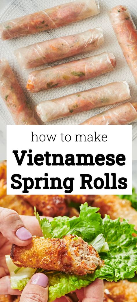 Vietnamese Spring Rolls / Light and crunchy, savory and addicting, these fried spring rolls are served wrapped in lettuce leaves with lots of fresh herbs, dipped in a fish sauce, and eaten out of hand. Spring Rolls Recipe Rice Paper, Beef Spring Rolls Recipe, Spring Roll Dipping Sauce, Asian Spring Rolls, Vietnamese Spring Rolls Recipe, Vietnamese Rolls, Vietnamese Egg Rolls, Gluten Free Dairy Free Dinner, Fried Spring Rolls