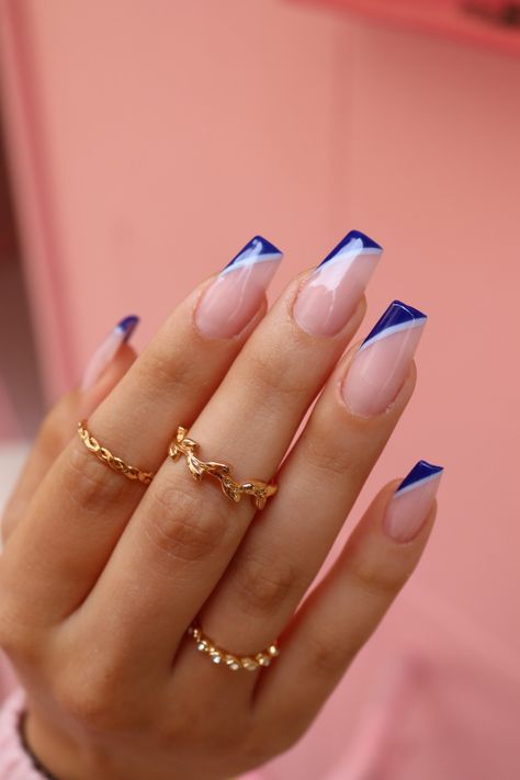 Blue French Tip Nails Square With Design, Blue Nails Extensions, Classy Royal Blue Nails, French Royal Blue Nails, Short Square Acrylic Nails Royal Blue, French Extensions Nails, Dark Blue French Tip Nails With Design, Short Square Acrylic Nails Blue French Tips, Cobalt Blue Nails French Tip