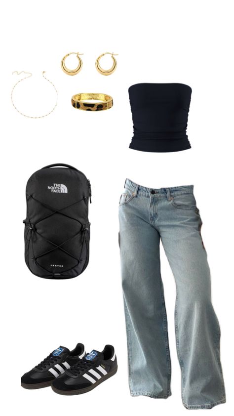 outfit, inspo, black, jeans, low rise jeans, tube top, sambas, black sambas, gold, jewelry, north face backpack, light wash, earrings, necklace, bracelet Outfit Inspo Black Jeans, Jeans Tube Top, Black Tube Top Outfit, Sambas Black, Tube Top And Jeans, Black Sambas, Tube Top Outfit, Tube Top Outfits, Outfit Planner