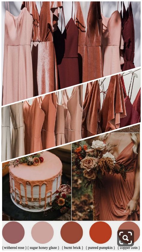 Fall Wedding Colors October Bridal Party, Dusty Rust Bridesmaid Dresses, Fall Tones Bridesmaid Dresses, Burgundy Blush Terracotta Wedding, Clay Wedding Color Scheme, Fall Wedding Colors October Blush Pink, Cinnamon Rose Wedding Color Scheme Bridesmaid Dress, October Wedding Colors 2023, Bridesmaid Dress Swatches Color Palettes