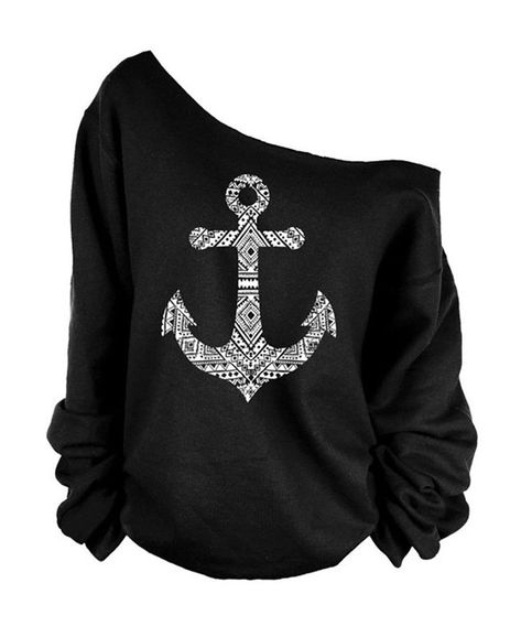 One Shoulder Shirt, Anchor Shirts, Oversized Long Sleeve Shirt, Olive Green Shirt, Slouchy Sweatshirt, Green Long Sleeve Shirt, Black Sweats, Anchor Print, Slouchy Sweater