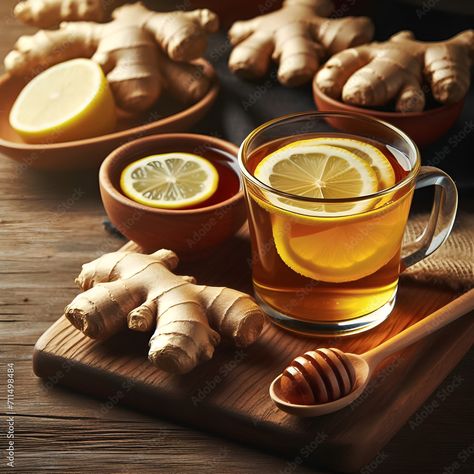 Tea With Honey Aesthetic, Tea With Lemon, Lemon And Honey, Honey Tea, Ginger And Honey, Ginger Tea, Adobe Stock, Coffee Tea, Ginger