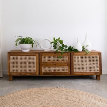 Indonesian Furniture, Rattan Sideboard, Tv Unit Furniture, House Vibes, Side Board, Smart Storage, Boho Living, Rattan Furniture, Media Console