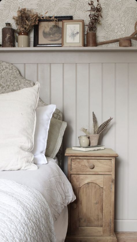 Cottage Style Bedroom Master Suite, Panelling Tongue And Groove, Panelling Shelf Bedroom, Tongue And Groove Feature Wall, Panelling Behind Bed Bedroom Wall, Cotswold Cottage Interior Bedroom, Bedroom Tongue And Groove Panelling, Tongue And Groove Walls Bedroom, Vertical Shiplap Bedroom Accent Wall