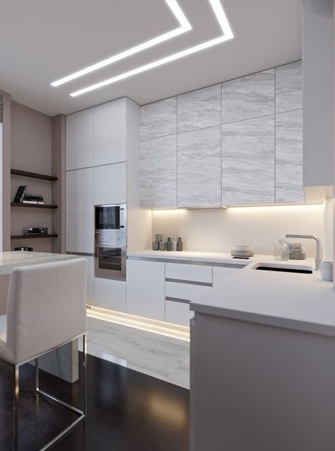 Profile Lights In Kitchen, Kitchen Profile Light, Stretch Ceiling Design Modern, Led Strip Lights Kitchen, Led Kitchen Lighting, Grey Kitchen Interior, Florida Kitchen, Kitchen Led Lighting, Stretch Ceiling