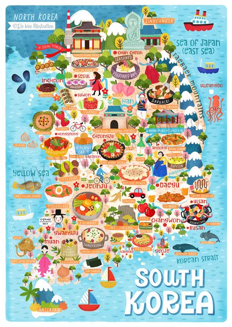 South Korea Map Illustration, Map Of Korea, South Korea Trip, Korea Illustration, South Korea Map, Korea Poster, Seoul Map, Korea Map, About Korea