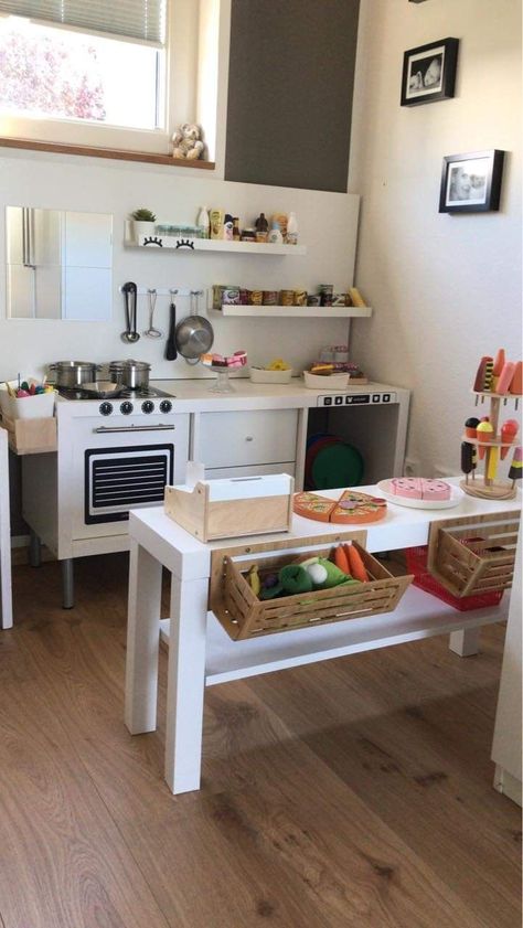 Montessori Playroom Ideas Small Space, Play Kitchen Island, Play Kitchen Food Storage, Play Kitchen Set Up, Kitchen Play Area, Toddler Play Kitchen, Diy Kids Kitchen, Ikea Play Kitchen, Play Corner