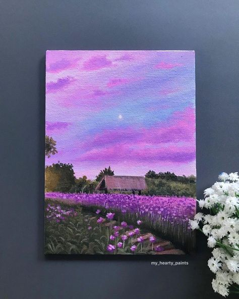 Anju | gouache,acrylics on Instagram: “Dedicating this painting to all the purple lovers💜💜💜🌸🌸 DM to buy @instaartexhibition @artbycreators @artists_hidden @paintdrops2020…” Purple Theme Painting, Purple Art Aesthetic Painting, Purple Aesthetic Painting, Cute Canvas Paintings Aesthetic, Purple Landscape Painting, Canvas Painting Purple, Painting Lilacs, Purple Acrylic Painting, Purple Moodboard