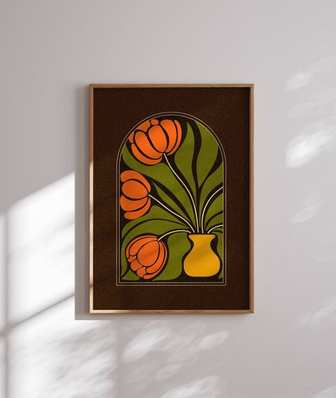 Abstract matisse inspired floral artwork, 70s retro flower poster with lovely colors. This art print is perfect for enhancing up any space, be it your living room, bedroom, office or anywhere else. It also makes a thoughtful and unique gift for your friend for a special event like Christmas, birthday, or housewarming.  FREE worldwide shipping! MORE RETRO FLORAL PRINTS: https://www.etsy.com/shop/SomaPrintsArt?section_id=42881693 PRODUCT DETAILS: ♡ Printed on thick, durable and long-lasting museum 70s Mural Art, Mid Mod Art, Mid-century Modern Art, Apartment Wall Art Living Room, Mcm Painting, 70s Artwork, 70s Wall Decor, Midcentury Modern Art, Modern Abstract Artwork