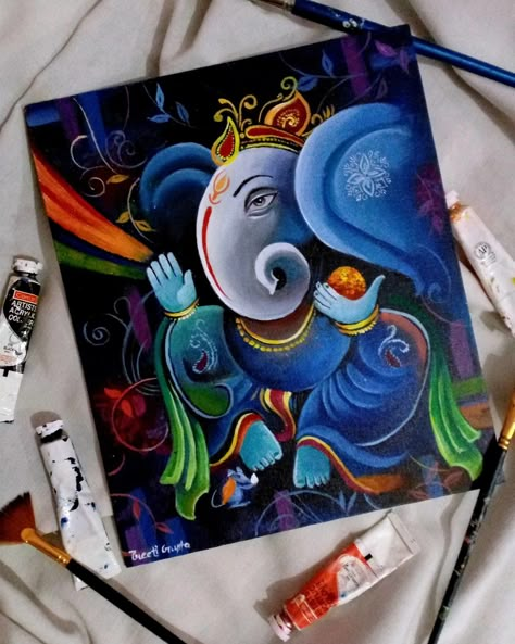 Krishna Unique Painting, Easy Modern Art Paintings For Beginners, Ganpati Bappa Painting On Canvas Art, Ganesh Art Paintings Beautiful, Ganesha Canvas Painting Acrylics, Ganpati Canvas Painting, Ganesha Modern Art, Modern Indian Art, Ganesh Art Paintings