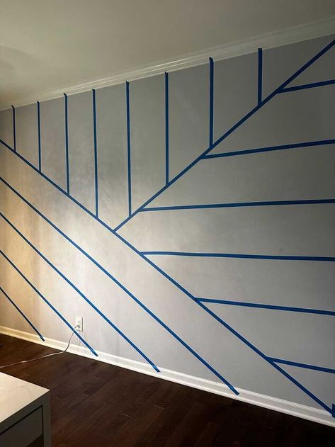 Board And Batten Wall Diagonal, Board And Batten Geometric Wall, Tape Wall Design Diy Paint, Board And Batten Wall Plans, Batten Board Wall Designs, Accent Wall Tape Designs Bedroom, Painter Tape Designs Wall, Accent Wall With Tape And Paint, Geometric Wall Trim