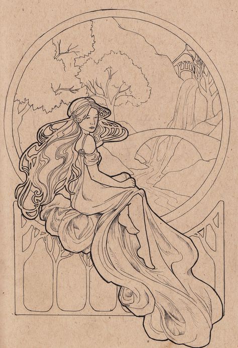 Arwen line art by Lamorien. http://lamorien.deviantart.com/art/Arwen-Line-art-162391026 Arwen Illustration, Noveau Art Illustration, Art Neavou Tattoo, Mucha Art Nouveau Illustrations, Art Nouveau Style Illustration, How To Draw Art Nouveau, Art Nouveau Line Art, Art Nouveau Lines, Arwen Tattoo