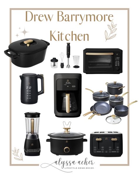 Kitchen Appliances Sets, Black Retro Kitchen Appliances, Drew Barrymore Appliances Black, Black And Gold Kitchen Decor Apartment, Drew Barrymore Pots And Pans, Essential Kitchen Appliances, Minimalist Kitchen Appliances, Beautiful Appliances Drew Barrymore, Kitchen Appliances Must Have List