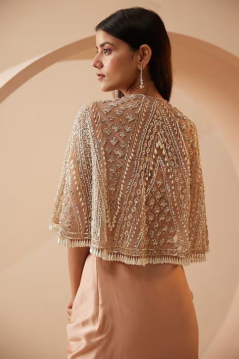 Designer Clothing for Women - Buy Latest Designer Clothing Collection Online Embroidery Pearls, Peach Jacket, Cape Set, Beaded Cape, Net Blouse, Sharara Gharara, Padded Blouse, Beads Embroidery, Traditional Indian Dress