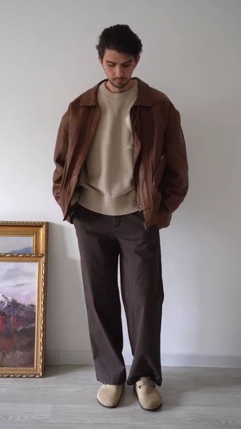 Monochrome Brown Outfit Men, Monochrome Outfit For Men, Japan Outfit Ideas Spring Men, Male Monochrome Outfit, Christmas Outfits For Men Classy, Neutrals Outfit Men, Earthy Tones Outfit Men, Mens Casual Formal Outfits, Dark Brown Outfit Men