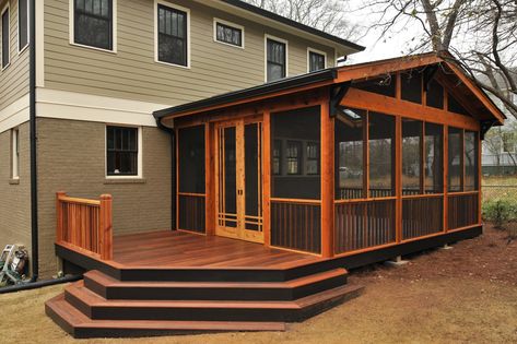 Deck To Sunroom Conversion, Glass Addition, Screened Deck, Screened Porch Designs, Screened In Deck, Bedroom Porch, Porch Remodel, Deck Steps, Rustic Ideas