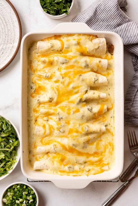 Enchiladas Creamy Chicken, Cottage Cheese Enchiladas Recipe, Creamy Red Enchiladas, White Bean Chicken Enchiladas, White Chicken Enchiladas With Green Chile Sour Cream Sauce, White Enchiladas Healthy, Cilantro Cream Sauce Enchiladas, White Chicken Enchiladas With Heavy Cream, Chi Ken Enchiladas