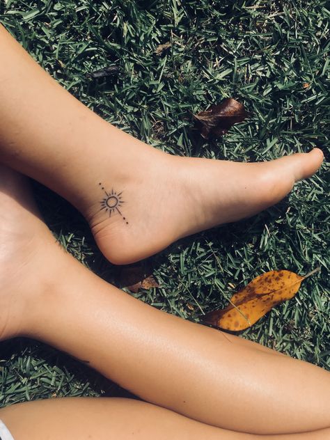 Sunshine Ankle Tattoo, Sun Ankle Tattoo Small, Ankle Sun Tattoo, Sun Ankle Tattoo, Side Of Foot Tattoo, Inside Ankle Tattoo, Inside Ankle Tattoos, A Small Tattoo, Sun Tattoo Small