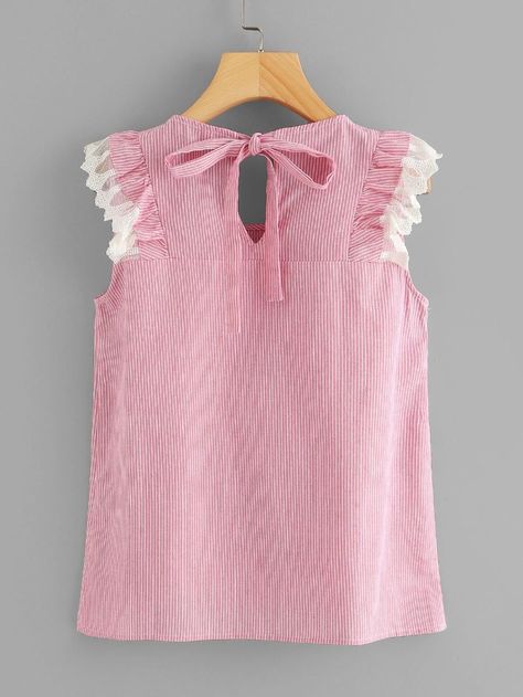 Tie Back Ruffle Trim Pinstripe Top -SheIn(Sheinside) Pakistani Kids Dresses, Pinstripe Top, Girls Dresses Sewing, Kids Frocks Design, Top Shein, Diy Fashion Clothing, Kurti Neck Designs, Sleeves Designs For Dresses, Trendy Fashion Tops