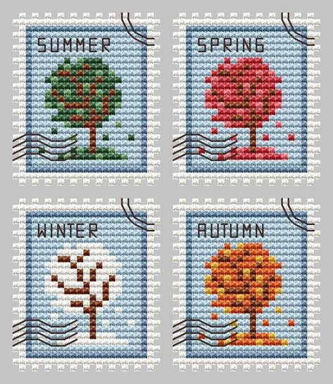 4 Seasons Postage Stamps Cross Stitch Pattern in 1 PDF file. Small primitive cross stitch pattern, ideal for beginners, small cross stitch you will cope in the evening. EasyPatternsOnly is authorized seller of pdf patterns with permission of Kate Stitcher Designes. Great thanks to Kate for such a beautiful cross stitch pattern! All patterns are for personal use only. No sharing or copying is allowed. The patterns may not be re-sold or re-distributed commercially in any manner. This item is not a Cross Stitch Tree Pattern, Cross Stitch Winter, Spring Cross Stitch, Summer Cross Stitch, Autumn Cross Stitch, Primitive Cross Stitch Patterns, Stitch Summer, Beautiful Cross Stitch Pattern, Hama Bead