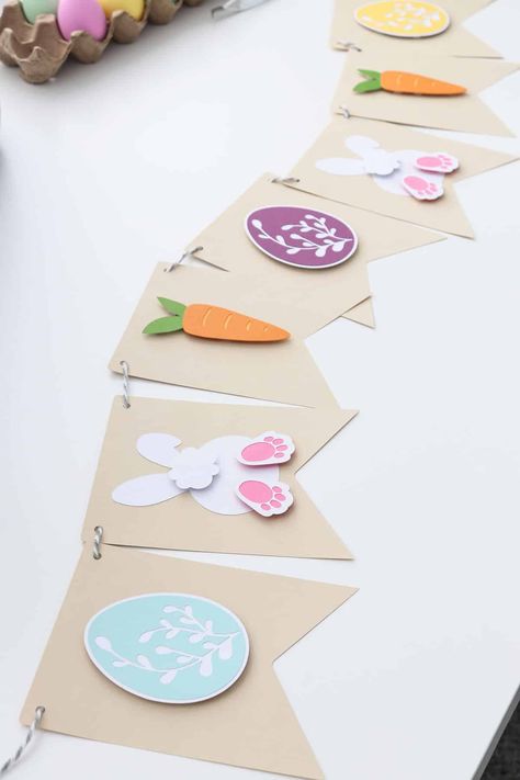 diy easter banner out of cardstock, Cricut tutorial Easter Paper Garland, Easter Banners Diy, Banner With Cricut, Easter Paper Decorations, Easter Garland Diy, Easter Classroom Decorations, Holiday Baby Pictures, Easter Banners, Peeps Crafts