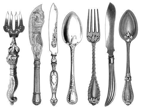 black and white clip art, kitchen printable, fork knife spoon clipart, antique cutlery engraving, vintage kitchen graphic Vintage Forks, Engraved Pocket Knives, Foto Transfer, Old Design, Vintage Cutlery, Antique Illustration, Vintage Silverware, Images Vintage, Clip Art Vintage