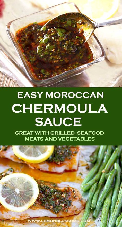 Moroccan Sauce, Vegetables With Sauce, Chermoula Sauce, Moroccan Recipes, Appetizers For A Crowd, Grilled Seafood, Seafood Appetizers, Moroccan Food, Think Food