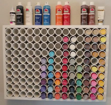 Pvc Paint Storage, Where To Store Paint Cans, 2 Oz Paint Bottle Storage, Craft Room Paint Storage Ideas, Craft Paint Organization Easy Diy, Craft Closet Organization Ideas Diy, Apple Barrel Paint Storage, Craft Room Vinyl Storage, Diy Pallet Storage Ideas