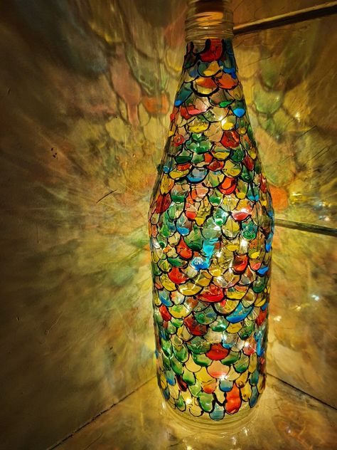 Glass Colour Bottle Art, Ketchup Bottle Crafts, Glass Colours Painting On Bottles, Wine Bottle Lanterns, Bottle Paint, Elephant Wall Hanging, Painted Glass Bottles, Bottle Decoration, Glass Bottle Diy